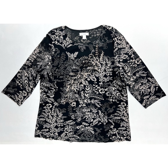 CJ Banks Black Multicolor Embellished 3/4 Sleeve Knit Printed Mesh Blouse - Picture 10 of 15